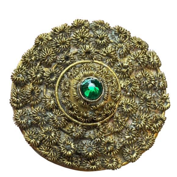 Antique Jewelry - Antique Gold Tone Filigree Brooch Green Rhinestone C Clasp Victorian Pin